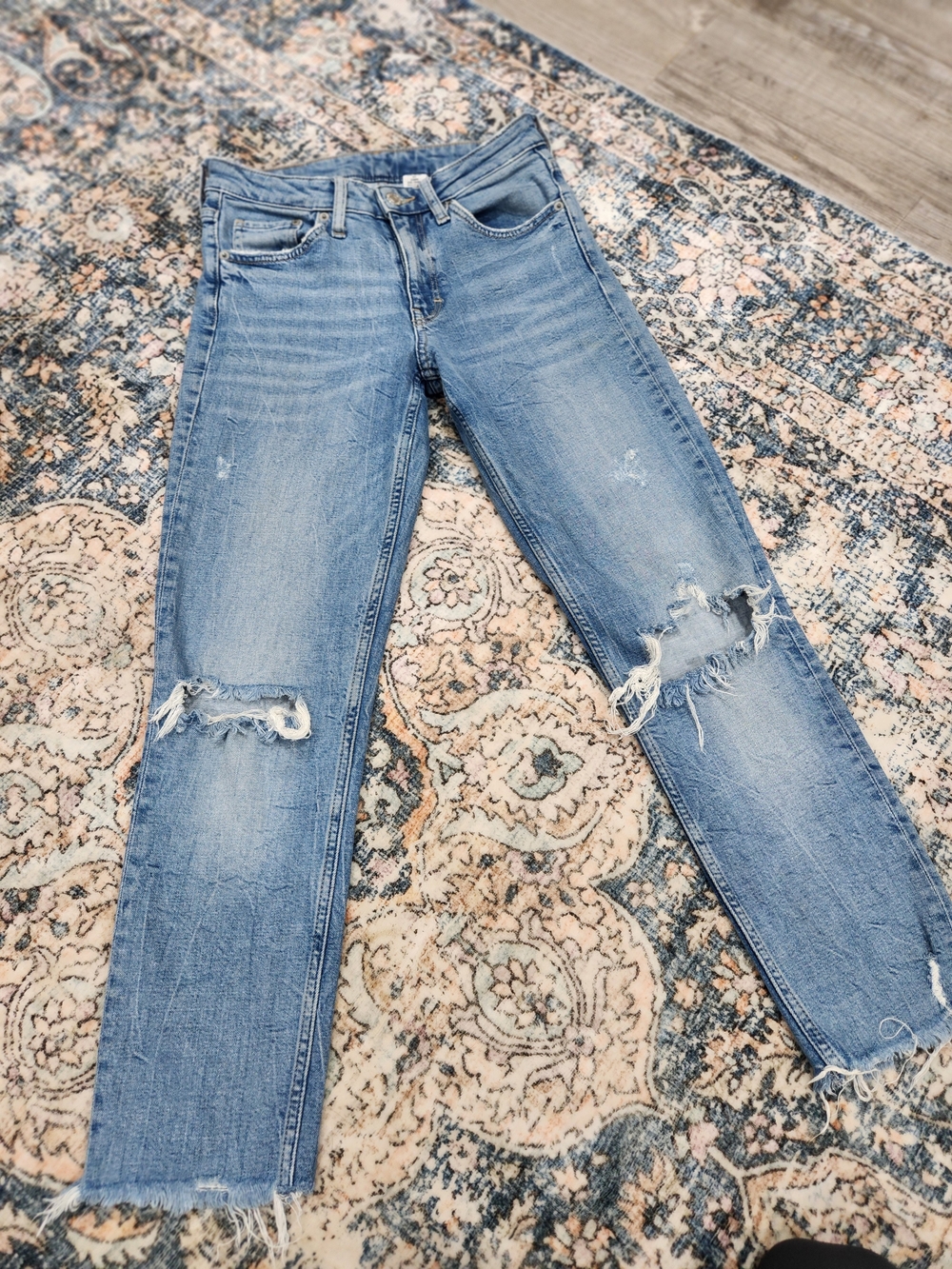 Distressed Light Blue Straight Leg Jeans - Women's